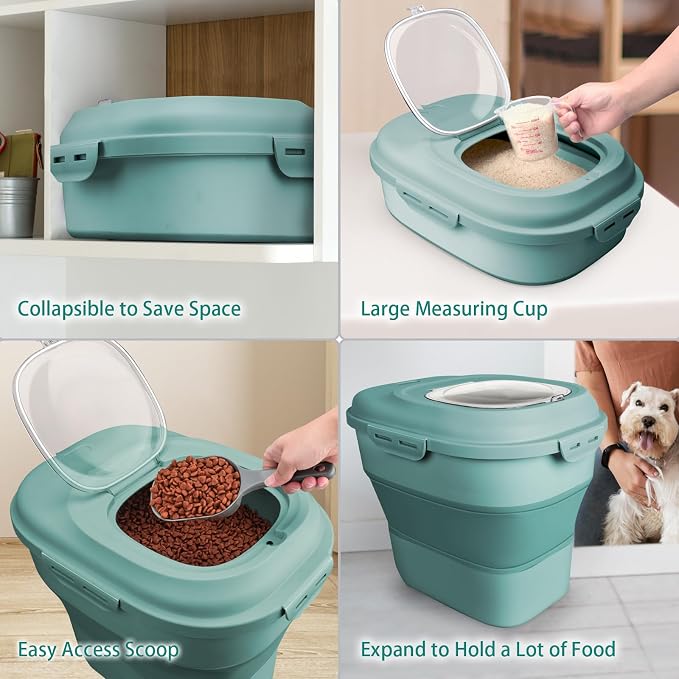 Komzon Rice Storage Bin Cereal Containers, 13-50lb Collapsible Rice Container Dispenser with Transparent Lid, Rolling Wheels, Measuring Cup and Scoop, Airtight Dog Cat Pet Food Storage Container Green