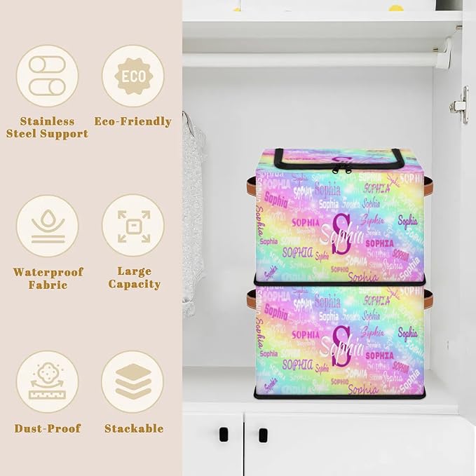 Personalized Kids Toy Box with Name, Custom Baskets Cubes Box with Zipper Lid, Kids Custom Storage Basket Laundry Baskets Organizer with Handles, Colorful Rainbow Pink Yellow Blue with Stars