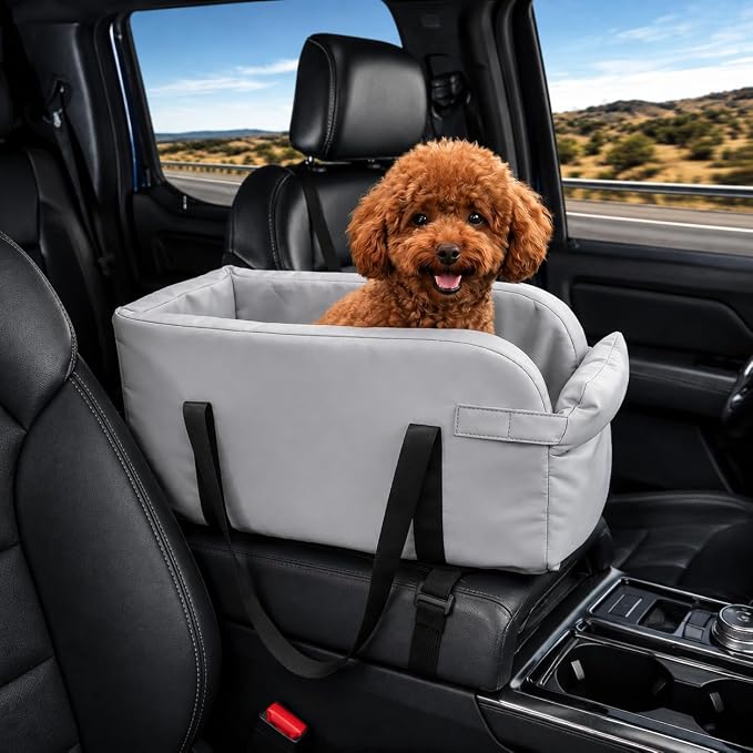 Center Console Dog Car Seat for Pets Up to 9 lb, Grey | Water-resistant faux leather; 16.41 x 7.87 x 8.66 in; pets up to 11 in long. Measure your console before purchase.