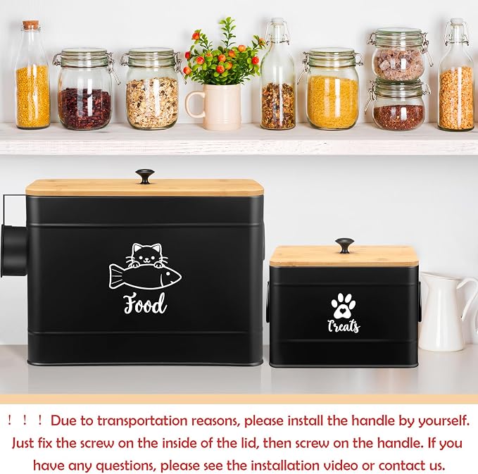 Reallnaive 2 Pcs Large Metal Cat Food Storage Containers 12+3.5 Lbs Decorative Pet Treat Snack Jars Airtight Bamboo Lids & Dry Food Scoop for Farmhouse Kitchen Counter Decor, Pet Owner Gifts(Black)
