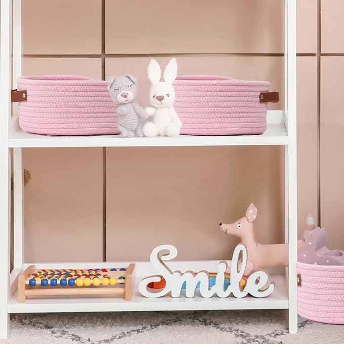 Small Woven Cotton Rope Basket with Leather Handle, Pink | Mini Round Storage Basket, Empty Gift Basket, Nursery Toy Organizer, Decorative Shelf Bin, Boho Room Decor