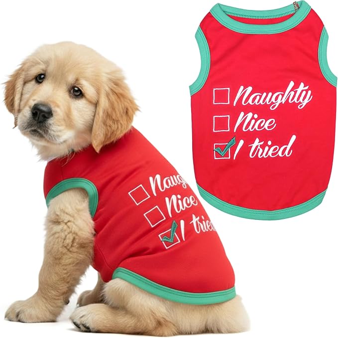 Parisian Pet Dog Christmas Tshirt - Embroidered “ Naughty Or Nice “ Dog Shirt - Lightweight Cotton Puppy Christmas Outfit - Sleeveless Funny Pet Clothes - Shirts for Small Dogs - XS