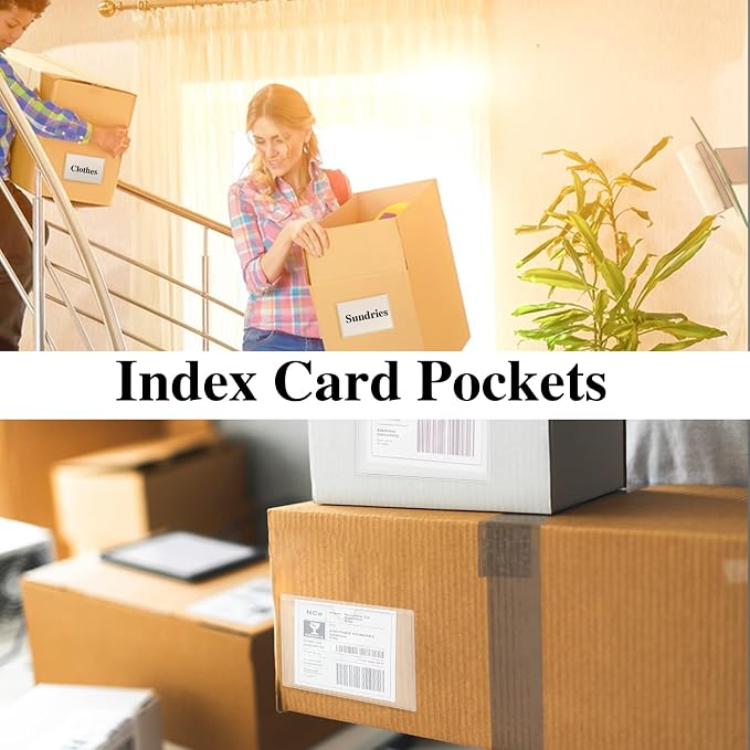 100 Pack Self-Adhesive 3" x 5" Index Card Pockets Clear Lables Holder | Pvc Clear Pockets, Strong Adhesive, Fits Bins Folders Shelves, Protects Cards Photos Labels