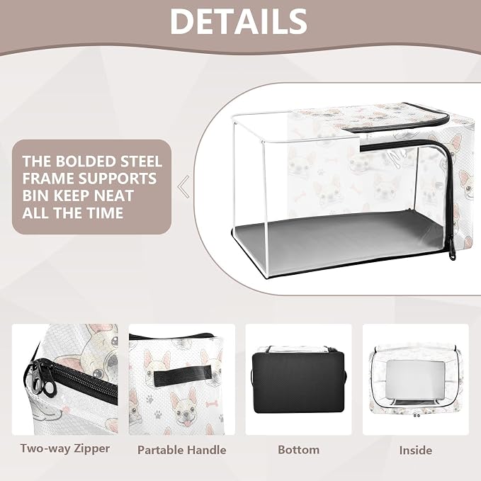 Bone Pets Dog White print Under Bed Storage Containers with Double Zipper Openings, Foldable Clothes Storage Bins with Clear Window and Handles for Blankets Comforters Bedding
