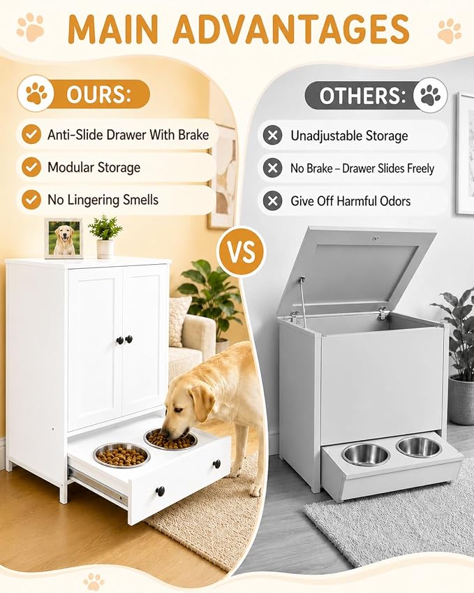 Dog Feeding Station with Storage Cabinet, Hidden Pull-Out Drawer | Metal Slide Rail, White Pet Food Storage Cabinet, 2 Elevated Bowls, Adjustable Shelf & 3 Hooks for Leashes, Collars, Toys