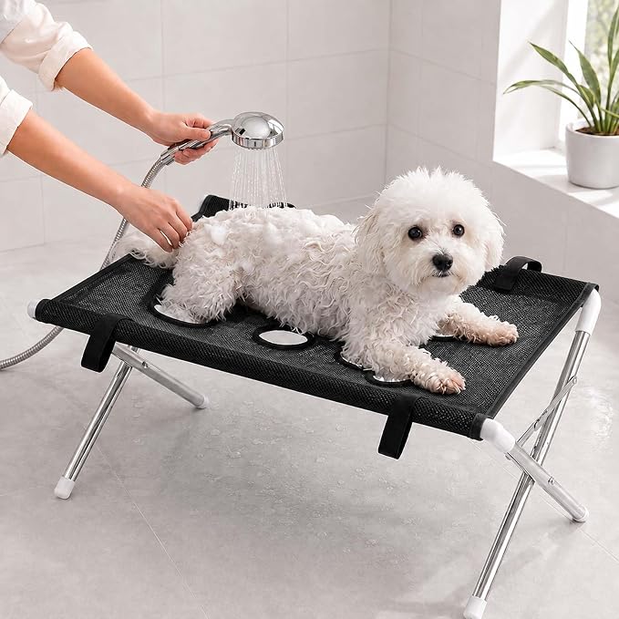 Foldable Pet Bathing Stand, Portable Dog Grooming Rack for Home Care (Black) | Quick Dry Mesh Grooming Table with Stable Anti-Slip Design for Small Medium Dogs & Cats, Nail Trimming and Bath Care