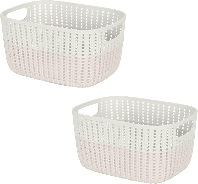 Simplify 2 Pack 2 Tone Sailor Knot Plastic Storage Tote | Decorative Basket | Closet Organization | De-clutter | Accessories | Toys | Bathroom Organization | Medium | Ivory