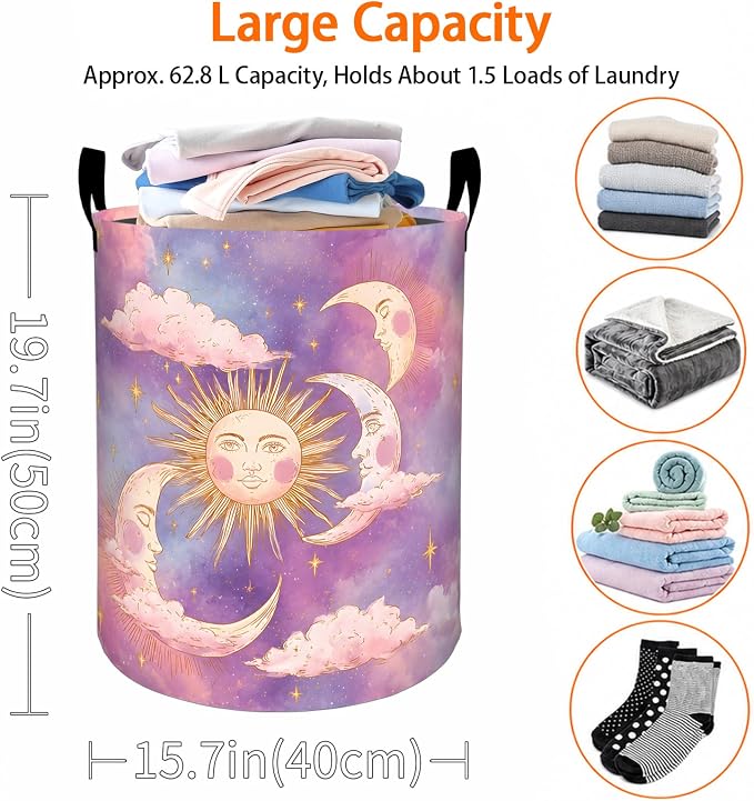 Sun and Moon Laundry Basket, Cloud Star Sky Purple Pink Oxford Cloth Dirty Clothes Collapsible Hamper for Room Decor, Celestial Gifts, Toy Organizer 19.7 x 15.7 Inches for Bedroom Bathroom Dorm