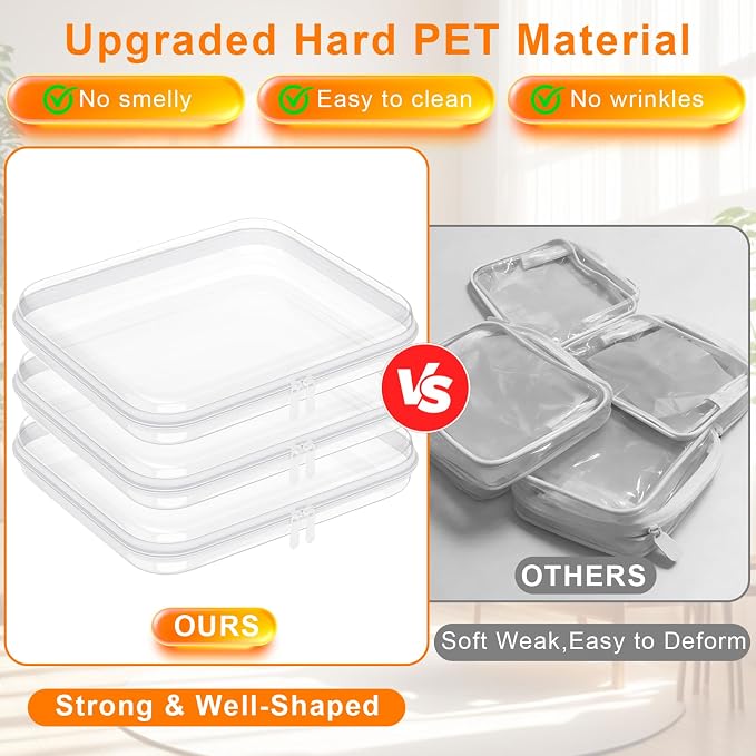 3PCS Clear Hard Shell Zipper Case Large14*12*2in,Travel Toiletry Makeup Bag | PET Hard Clear Zipper Pouches,Crush-Proof Waterproof Cosmetic Bag Organizer for Travel,Home Storage Box,Daily Essentials,3L