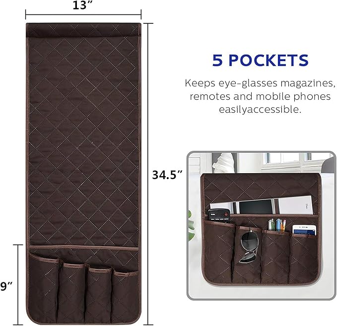 Armchair Caddy for Recliner, Non Slip Sofa Arm Organizer, Dark Brown | 5-Pocket Recliner Armrest Organizer, Couch Side Storage Holder for Remotes, Cell Phone, Magazines & Tablets, Machine Washable