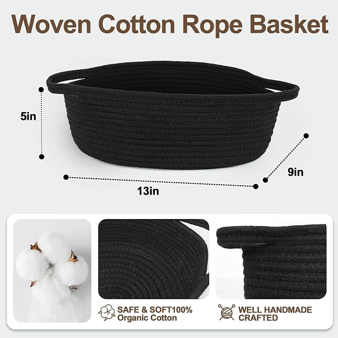 Small Baskets for Gifts Empty, 13"x 9"x 5" Woven Gift Basket with Bag and Ribbon, Cotton Rope Kids Dog Cat Toy Bin Box, Cute Baby Nursery Organizer, Decorative Storage with Handles (Black)