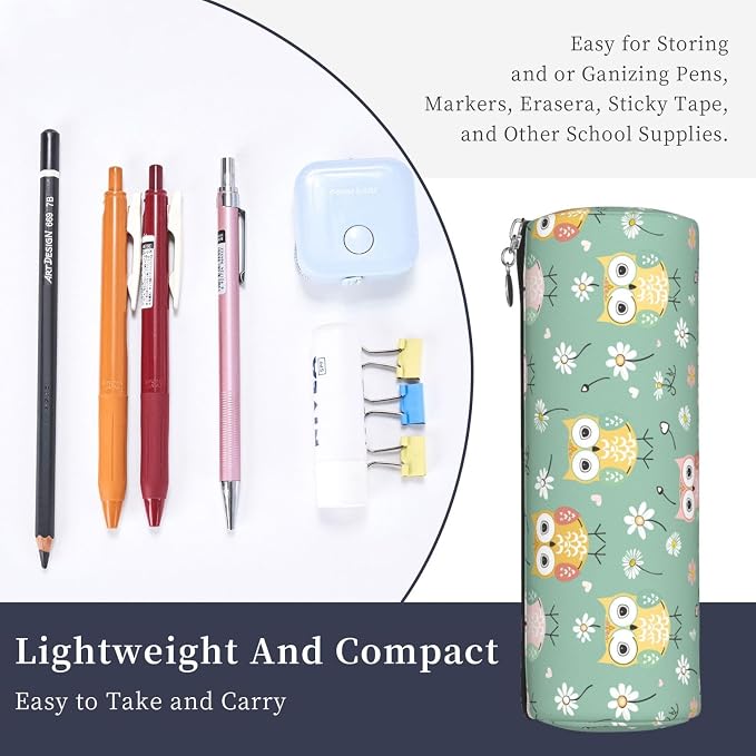 OSAM SPACE Leather Pencil Case Round Pencil Bag Cute Owl Floral Pen Organizer Holder Portable Zipper Pouch Cute School Supplies for Girls Boys Study Office