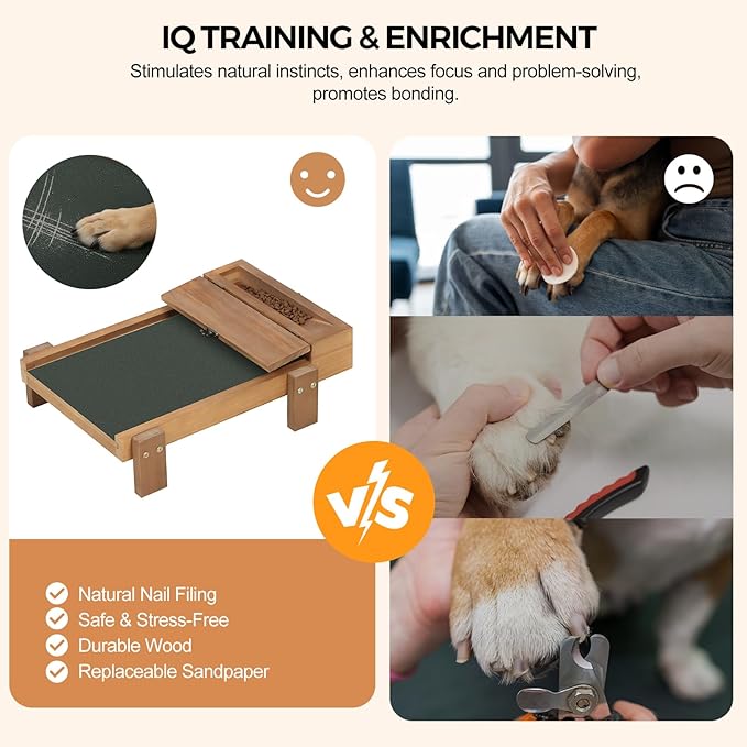 Dog Nail Scratch Board with Treat Drawer - Dog Scratch Pad for Nails - Durable Wooden Nail Filing Board for Stress-Free Grooming, Includes 3 Replacement Sandpaper Sheets
