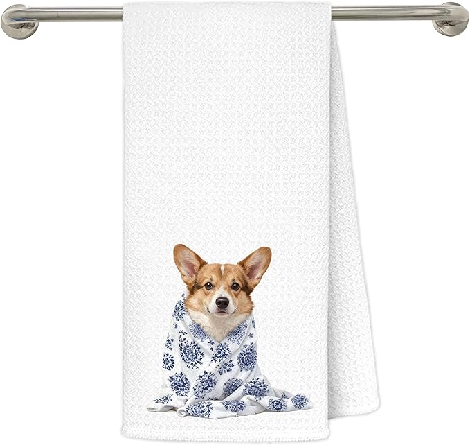 Blue Chinoiserie Corgi Kitchen Towels 16x24 in, Corgi Lovers Gifts, Grandmillennial Floral Blanket Dog Decorative Hand Tea Dish Towels for Bathroom Kitchen
