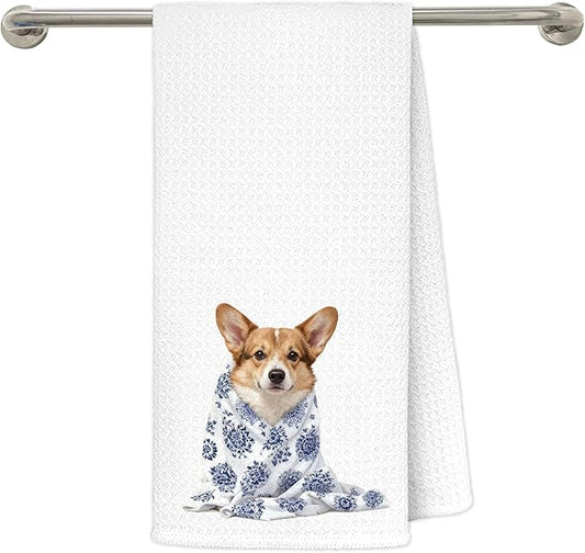 Blue Chinoiserie Corgi Kitchen Towels 16x24 in, Corgi Lovers Gifts, Grandmillennial Floral Blanket Dog Decorative Hand Tea Dish Towels for Bathroom Kitchen