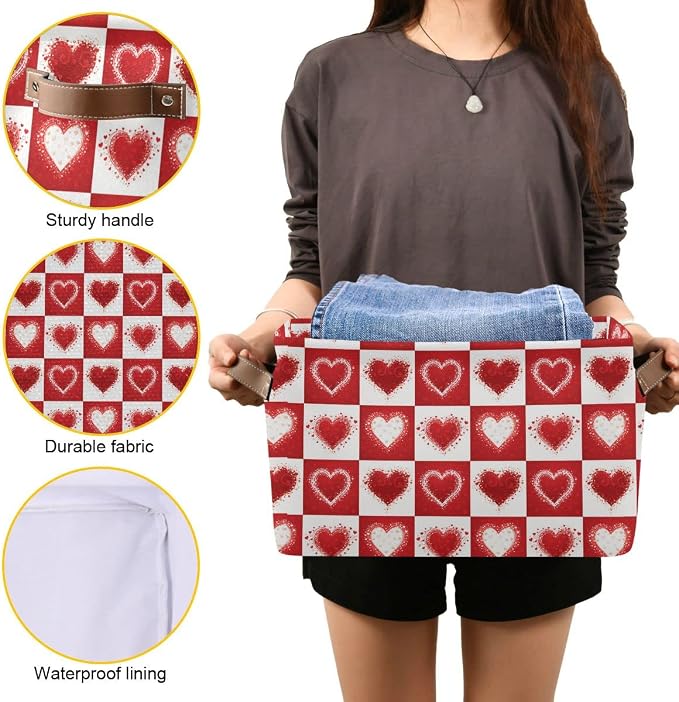 Happy Valentine's Day Love Heart Storage Basket Fabric Laundry Baskets Red White Buffalo Plaid Storage Boxes Organizer Bag for Baby Cloth Dog Toy Book Storage Cubes Shelf Closet Bins 16×12×8 Inches