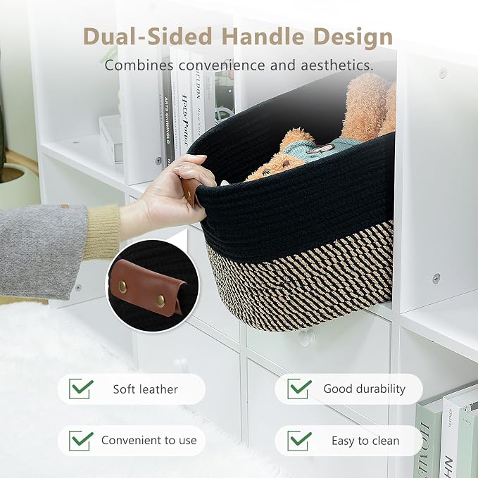 ECDYQXVU 15x10x9 Woven Cotton Rope Storage Basket, Leather Handles 3 Pack | Foldable Design, Sturdy PU Handles, Easy to Clean Organizer for Living Room, Closet, Shelves, Bedroom, Laundry, Clothes