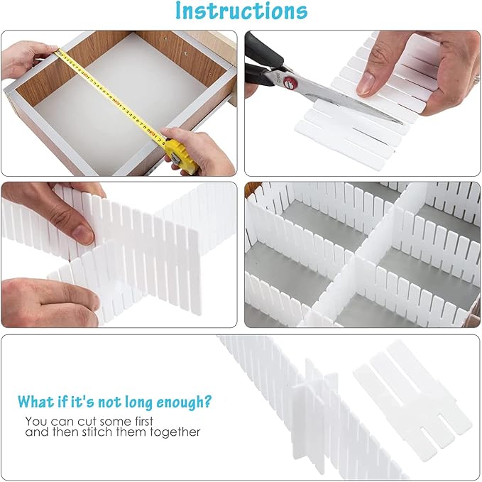 16Pcs Drawer Dividers, Adjustable Drawer Organizer for Socks, White | For Tidying Cutlery, Makeup, Clothes and Dresses in Drawers, Desks and Storage Boxes for Kitchen, Bathroom, Bedroom & Office