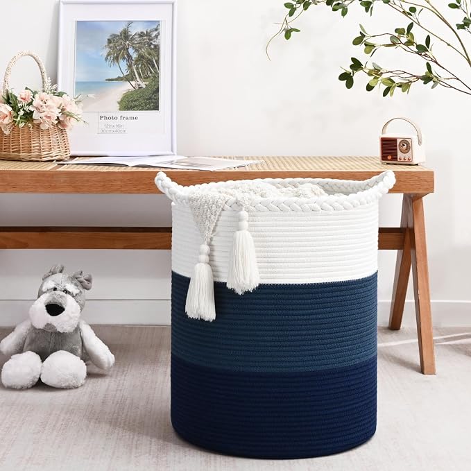 Laundry Hamper for Organizing, 52L Large Laundry Baskets, Cotton Rope Woven Blanket Basket, Collapsible Laundry Hamper for Living Room, Nursery, 15"×18", Dark Blue