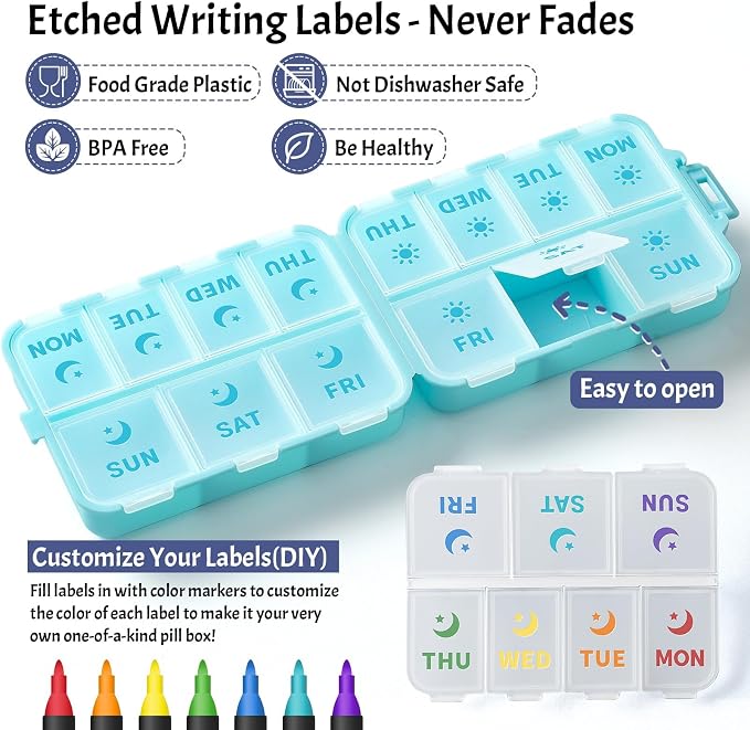 NEW Foldable & Double Protection Portable Weekly Pill Organizer 2 Times A Day with Etched Labels, AM PM 7 Day Week Medicine Box, Daily Travel Pill Case Dispenser for Vitamin, Supplement - Sky Blue