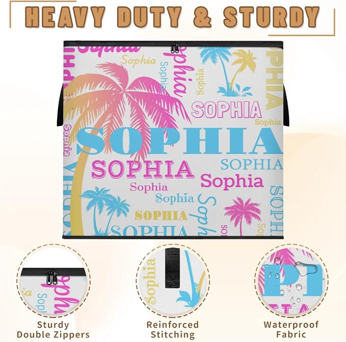 Personalized Extra Large Storage Basket with Lid, Comforters, Bedding Toys Colorful Pink Blue Yellow Palm Trees White Background Storage Bin for Home Basket for Clothes, Moving, Car Trunk