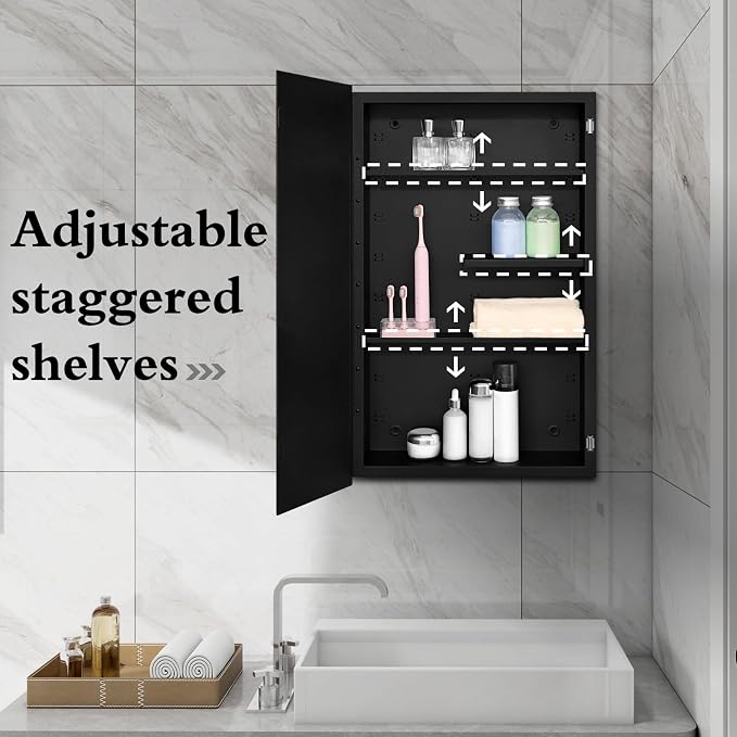 Black Metal Medicine Cabinet, 18 x 30 Beveled Mirror, Recessed Wall Storage | Bathroom Mirror Cabinet with Adjustable Staggered Shelves, Piano Hinge, Left/Right Swing, Fully Assembled, Matte Black Finish