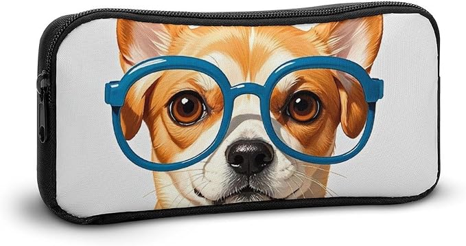 Pet Dog Soft Bow Tie, Oversized Glasses Large Capacity Pencil Case with Double Zipper - Aesthetic Stationery Pen Organizer Pouch, Portable Storage Bag for Office Supplies, Travel & Cosmetics