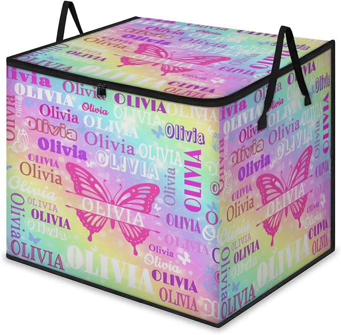 Personalized Butterflies Storage Bags with Lid Large Blanket Clothes Organization Storage Containers for Comforters,Bedding, Foldable Organizer with Reinforced Handle, Colorful Galaxy with Stars