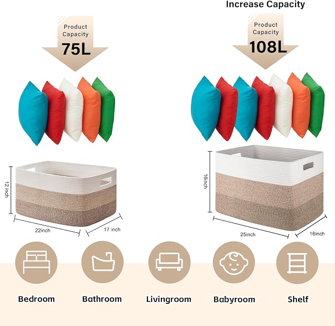 OIAHOMY Blanket Basket Laundry Basket Dog Toy Basket 108L Gradient Brown | Large Storage Basket,Baby Basket,Toy Storage,Woven Rope Basket for Blankets,Blanket Storage for Living Room