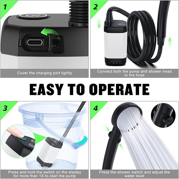 Portable Shower for Camping, [Long-Lasting] 6000mAh Rechargeable | Camping Shower with Intelligent LED Display, 4 Spray Modes, IPX7 Waterproof Outdoor Camp Pump for Hiking, Travel, Car, Pet