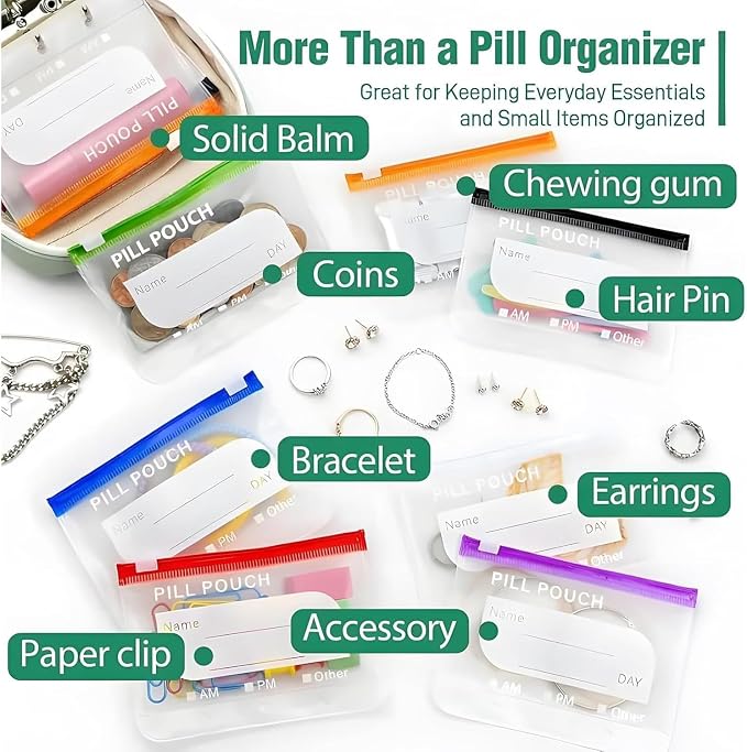 14 Color-Coded Waterproof Pill Pouch Set, Book-Shaped Travel Pill Organizer, Reusable Medication Storage Case for Vitamins, Prescription Pills, College Dorm Daily Use and Pet Supplements，Green