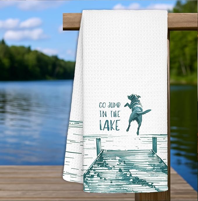 Green Lake House Decor Dish Towels,Lake House Gifts,Funny Lake Dog Kitchen Towels Decorative,Dog Lover Mom Gifts Hand Towels Drying Cloth for Kitchen Bathroom Decor,16x24 Inch