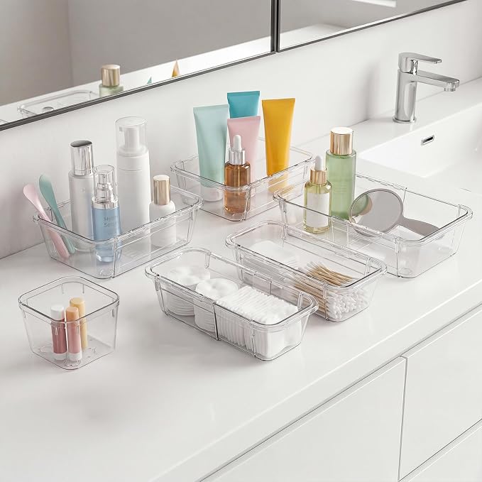 PrecisionAuto Expandable Drawer Organizer Set | Clear PET Plastic Desk Dividers for Office, Kitchen, Bathroom, and Vanity, Adjustable, Multi-Size Storage Bins Space-Saving