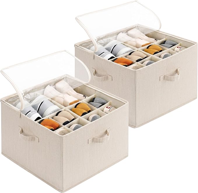 StorageWorks 2-Pack 32-Pair Shoe Organizer Bins, Khaki and Beige Stripes | Adjustable Dividers, Holds up to 16 Pairs Each, Foldable, Clear Lid, Fits Shoes, Clothes, Blankets, For Seasonal Storage