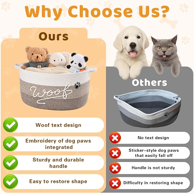 Woof Dog Toy Basket with Handles, Large Dog Toy Storage Bin with Paw Print, Woven Dog Basket for Blankets, Toys, Chews, Pet Toy Box for Nursery, Living Room, Bedroom, 20”x14”x9, Brown