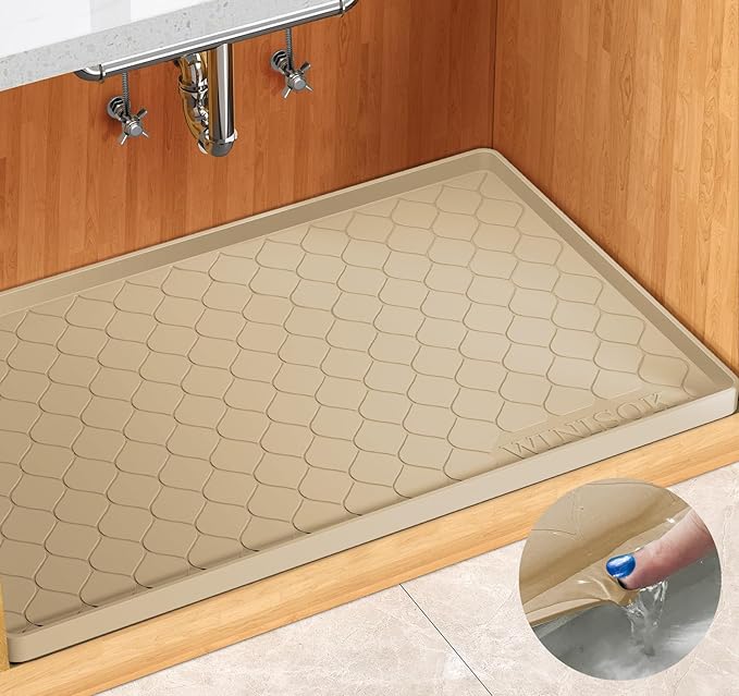 Winisok Waterproof Under Sink Mat 28" x 19", Silicone Mat, Beige | Raised Edge Traps Spills & Leaks, Shelf Liner, Cabinet Protector, for Kitchen, Bathroom, Boots, Pets, Home Essentials