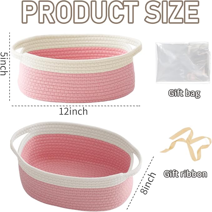 JMvicyroam Small Woven Basket, Empty Gift Basket, White&Pink/2 Pack | Small Gift Basket, Cotton Rope, 12 x 8 x 70 in, Handles, Includes Ribbon and Bag, Birthday Gift Basket