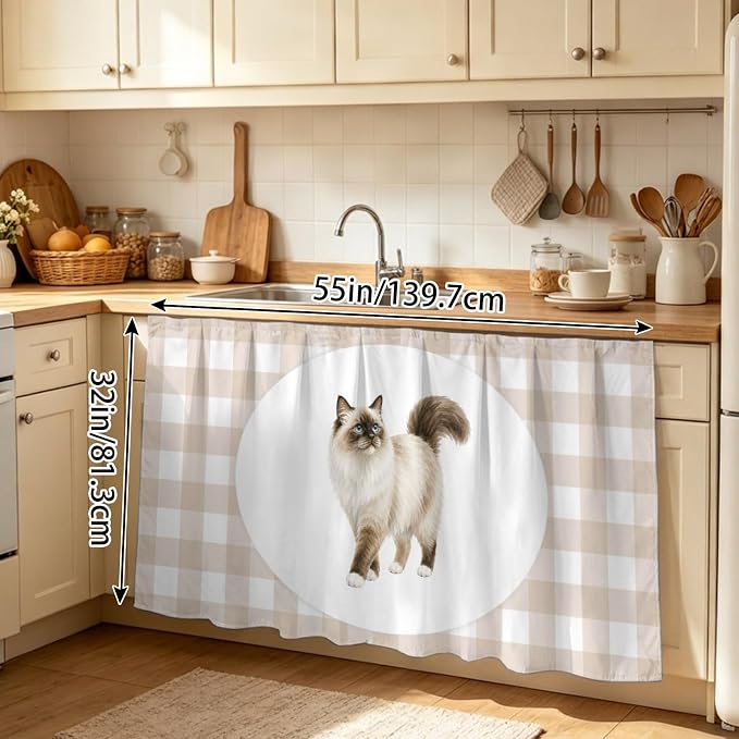 Ragdoll Cat Sink Skirt for Bathroom, Self-Adhesive Under Sink Curtain, Modern Linen Plaid Farmhouse Pet Cats Hide Pipes & Storage Fabric Cabinet Skirt Cover for Kitchen Laundry 32"x55"