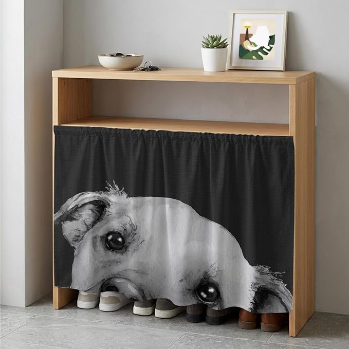 Black Dog Cabinet Curtain 35"Wx35"L,Dustproof Under Sink Skirt with Self Adhesive Tape,Cute Pets Eyes Animals Fur Vintage Oil Painting Cabinet Curtain Cover for Kitchen Sink,Bathroom Vanity,Laundry