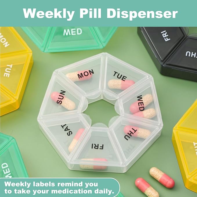 4X Travel Pill Organizer, Small Weekly Portable Pill Box Dispenser | 7 Compartments Weekly Medicine Vitamin Supplement Holder Reminder, Arthritis-Friendly (Black, Yellow, Green, Transparent)