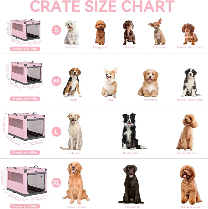 PETSFIT 40" Soft Portable Dog Crate – Patented Spiral Sturdy Frame, Collapsible Travel Kennel for Large Dogs, 3 Mesh Door, Lockable Zippers, Indoor & Car Use Pink