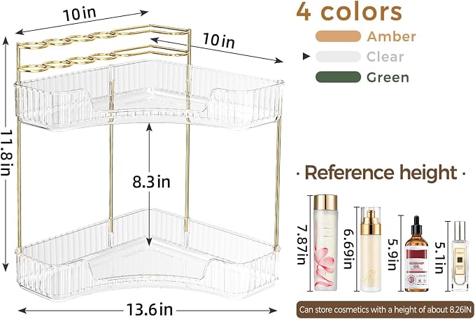 BEFSOP Corner Bathroom Counter Organizer, Upgraded 2-Tier Makeup Organizer Countertop with Makeup Brush Holder, Skincare Exquisite Vanity Organizers Countertop Bathroom Storage Dresser(CLEAR)