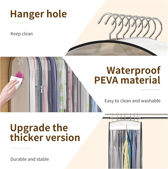 Clear Garment Bags for Hanging Clothes, 4-Pack, 32" | Upgraded thickened clear garment bags with 10" gusset for closet storage of shirts, coats, dresses