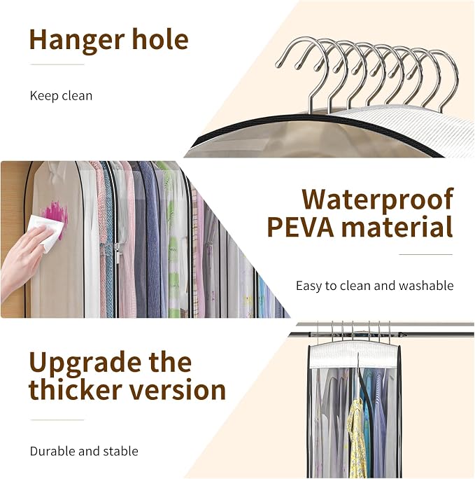 Clear Garment Bags for Hanging Clothes, 4-Pack, 50" | Upgraded thickened clear garment bags with 10" gusset for closet storage of shirts, coats, dresses