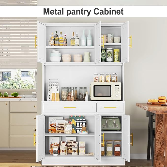 71 Sideboard Buffet Cabinet, Metal Kitchen Coffee Bar Cabinet White | Pantry Sideboard Storage, Coffee Bar Table Console with Cable Hole, Drawers, Adjustable Shelves for Kitchen, Living Room
