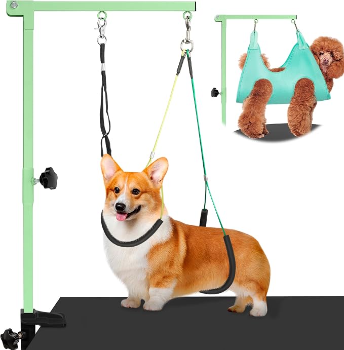 getlstub Dog Grooming Arm with Pet Grooming Hammock, 35" Pet Grooming Table Arm with Adjustable No Sit Haunch Holders, Dog Grooming Stand with Loop Noose for Small and Medium Pets, Green