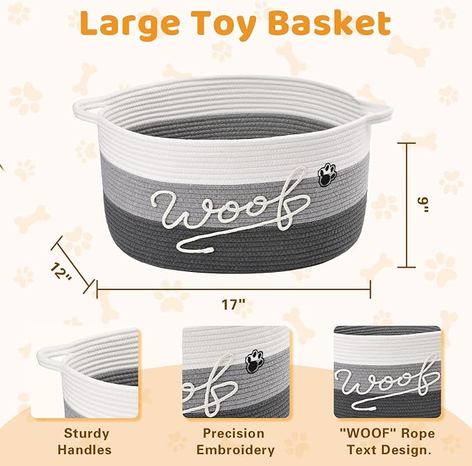 Woof Dog Toy Basket with Handles, Large Dog Toy Storage Bin with Paw Print, Woven Dog Basket for Blankets, Toys, Chews, Pet Toy Box for Nursery, Living Room, Bedroom, 17”x12”x9, Grey