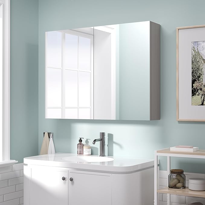 24x32 inch Bathroom Wall Cabinet, Saver Storage Cabinet, Medicine Cabinet with 2 Door and Adjustable Shelves, Grey（Assembly Required）