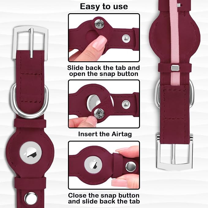 Leather Dog Collar with Airtag Holder - Apple Air Tag Dog Collars - Soft Tracking GPS Pet Collar for Small Medium Large Dogs Breed Puppy (Burgundy, S, 9"-12" Neck Fit)