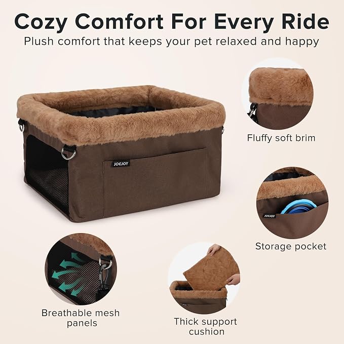 JOEJOY Deluxe Dog Booster Seat with Sturdy Metal Frame and Safety Leash for Small Pets up to 20 lbs - Portable Puppy Dog Car Seat with Thick Cushion and Storage Pockets for Small Dogs, Brown